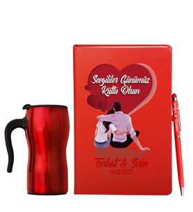 Sevgililer Gününe Özel Deri Kırmızı Defter Kalem & Termos Mug Hediye Seti 1