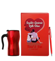 Sevgililer Gününe Özel Deri Kırmızı Defter Kalem & Termos Mug Hediye Seti 1