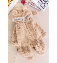 Kapüşonlu Welsoft Peluş Kışlık Kız/Erkek Bebek Tulum (Bej)
