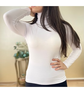 Kadın Uzun Kollu Tam Boğazlı Likralı Penye Badi  (Beyaz)