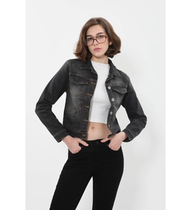 Kadın Cep Detaylı Slim Fit Koyu Gri Jean Ceket