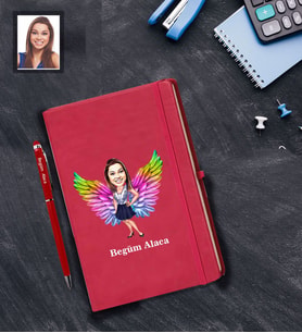 Kişiye Özel Melek Anne Karikatürlü Kırmızı Defter Kalem Hediye Seti Model-3