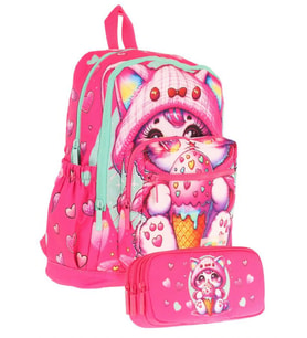 Kaukko Kids Layer Kız Çocuk Okul Çantası + Kalem Çantası Seti (Pembe - Dondurma Yiyen Kedi)