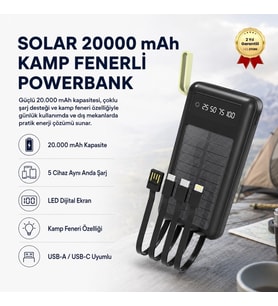 Solar 20,000mAh 5 Cihaz Aynı Anda Şarj Kamp Fenerli Hızlı Şarj Powerbank