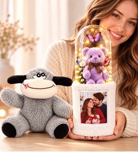 Kişiye Özel Fotoğraflı LED Fanuslu Ayıcık Buketi Peluş Eşek Doğum Günü Hediyesi