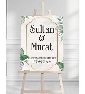 Söz Nişan Düğün İçin 50x70 Karşılama Panosu - Yeşil Çiçek ve Dini Temalı