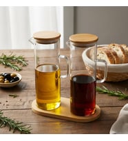2'li Şeffaf Cam Yağdanlık ve Sirkelik Seti - Bambu Kapaklı ve Özel Standlı Masaüstü Yağlık (190 ml)