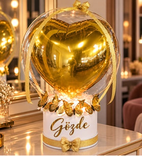 Kişiye Özel İsimli Gold Kalp Balonlu Kelebek Çiçek Buketi Şeffaf Balon Kutusu - Sevgiliye Arkadaşa Hediye