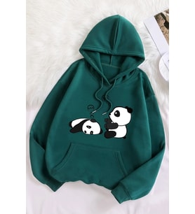 Unisex Panda Baskılı Oversize Sweatshirt (Yeşil)
