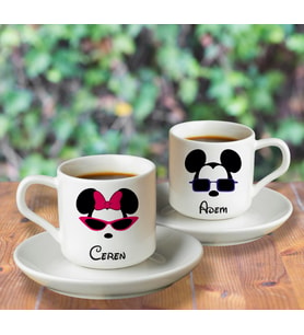 Mickey & Minnie Mouse Sevgili Çift Tasarımlı İkili Türk Kahvesi Fincanı Kişiye Özel