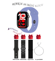 Samsung Galaxy Z Fold3 Uyumlu Lila Akıllı Saat Watch 10 Mini Kordon Hediyeli AMOLED EKRAN 41MM (Siyah - Lila)