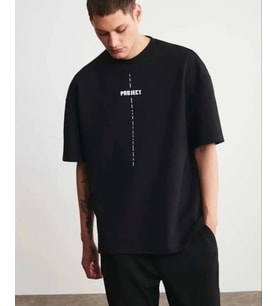 Unisex Bisiklet Yaka Baskılı Oversize T-Shirt - Siyah