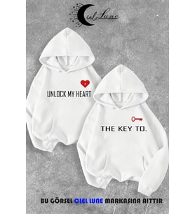 Sevgili Çift Kombin Key to Yazı Baskılı Renk Kapüşonlu Sweatshirt 2li Set Takım (Beyaz)