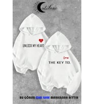 Sevgili Çift Kombin Key to Yazı Baskılı Renk Kapüşonlu Sweatshirt 2li Set Takım (Beyaz)