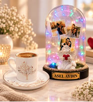 Kişiye Özel 3 Fotoğraflı Yazılı Renkli LED Işıklı Beyaz Melekli Fanus ve Hayat Ağacı Kahve Fincanı