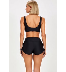 Kadın Şort Bikini Takımı V Yaka Kolsuz Bralette Üst Yüksek Bel Düz Desen Tünelli Bağlama Detaylı