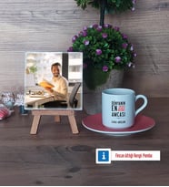 Amcaya Hediye Fotoğraflı Dekoratif Taş, Ahşap Altlıklı Türk Kahvesi Fincanı Hediye (Model 6)