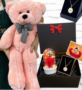 Büyük Boy Pembe Peluş Ayıcık ve Tasarım Kolyeli Fotoğraflı Hediye Kutusu (Model 7)