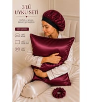 Bordo Saten Bone, Saten Yastık Kılıfı Ve Toka Set