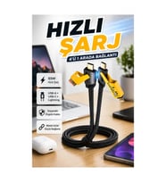 65W Hızlı Şarj Destekli 4’ü 1 Arada Örgülü USB-C ve USB-A Kablo Metal Uçlu