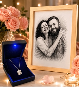 Karakalem Fotoğraflı Çerçeve ve 925 Ayar Gümüş Gold Baget Zirkon Kadın Kolye Seti