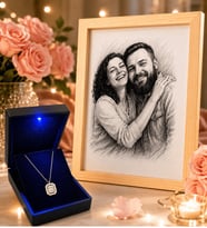 Karakalem Fotoğraflı Çerçeve ve 925 Ayar Gümüş Gold Baget Zirkon Kadın Kolye Seti