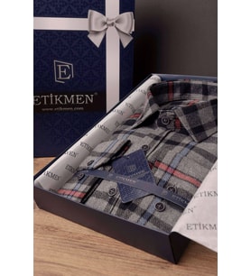 Füme Kırmızı Çizgili Slimfit Oduncu Hediye Kutulu Erkek Gömlek