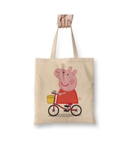 Peppa Pig Bisikletli Beyaz Bez Çanta Uzun Saplı Alışveriş Çantası Plaj Çantası