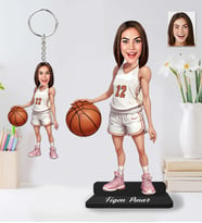 Kişiye Özel Basketbolcu Kadın  Ahşap Biblo ve Anahtarlık 2 li set-56