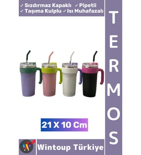 #Termos Kamp Outdoor Piknik Sızdırmaz Kapak Isı Muhafazalı Taşıma Kulp Pipetli Mug Termos 21 X 10 Cm
