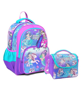 Coral High Üç Gözlü İlkokul Çantası ve Beslenme Çantası - Mor Pembe Unicorn Desenli - Kız Çocuk