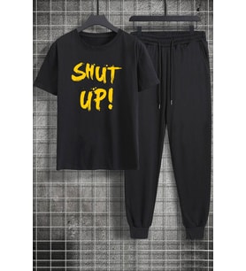 Unisex Shut Up Baskılı 2'li Eşofman Takımı (Siyah)