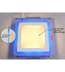 Kare Sıva Altı Led Spot Aydınlatma 16 WATT Çift Renk 3 Kademe Mavi Günışığı Gece Lambası Armatür