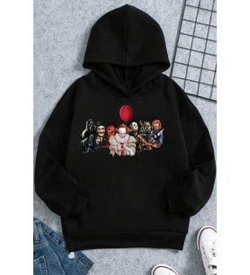 Korku Karakterleri Baskılı Erkek - Kız Çocuk Rahat Kalıp Sweatshirt (Siyah)