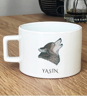 Kişiye Özel Kurt Baskılı Hediye Lüks Fincan Babaya Kardeşe Hediye (Beyaz)