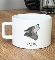 Kişiye Özel Kurt Baskılı Hediye Lüks Fincan Babaya Kardeşe Hediye (Beyaz)