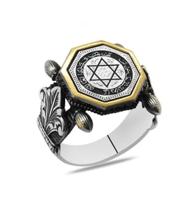 Otantik Tasarım Siyah Zirkon TaşlıMühr-i Süleyman İşlemeli 925 Ayar Gümüş Erkek Yüzük