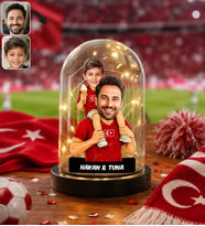 BK Gift Kişiye Özel Türkiye Milli Takım 2026 Dünya Kupası Baba&Oğul Karikatürlü Led Işıklı Cam Fanus Biblo-1 Tek Yürek Milli Takım Ruhu