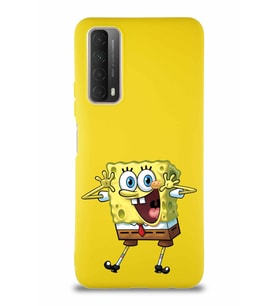 Huawei Y7A Soft Premier Kapak Sünger Bob Tasarımlı Silikon Kılıf - Sarı (Şeffaf)