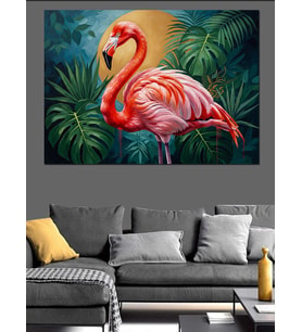 Egzotik Yapraklar Arasında Pembe Flamingo Dekoratif Kanvas - Mdf Ahşap Tablo