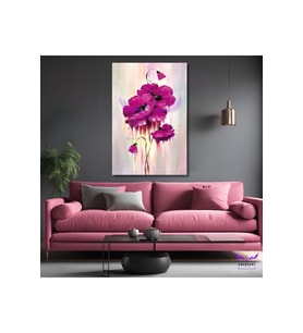 Tekli Dikey Kanvas Yağlı Boya Görünümlü Pembe Büyük Çiçekler