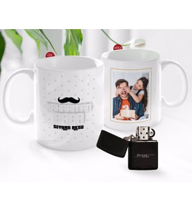 BK Gift Kişiye Özel Babalar Günü Hediyesi Fotoğraflı Kupa Bardak ve Benzinli Çakmak Seti-63 (Model 1)