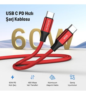 USB C'den USB C'ye 60W, 2.4A, 1m, PD 2.0, Çift Kat Örgülü Hızlı Şarj ve Data Kablosu (Kırmızı, 1 metre)
