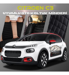 Citroen C3 Siyah Renk Tay Tüyü Cepli & Terletmez Sırtlı Oto Koltuk Minder Seti - Koltuk Koruma Kılıfı (ÖN & ARKA TAM SET)