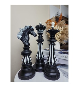 Dekoratif Büyük Boy (40CM) Polyester Beyaz Detaylı Siyah 3'lü Set Satranç Biblo Takımı