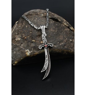 Kırmızı Zirkon Taşlı Hz. Ali Zülfikar Kılıcı 925 Ayar Gümüş Kolye Kral Zincir 2Mm 901854