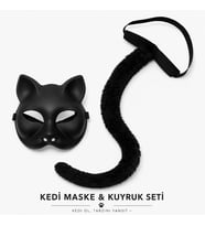 Siyah Kedi Maskesi ve Peluş Kuyruk Kostüm Seti 70 cm