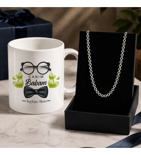 BK Gift Kişiye Özel Babalar Günü Tasarımlı Beyaz Kupa & Rolo Zincir Kolye -2, Babalar Günü Hediyesi