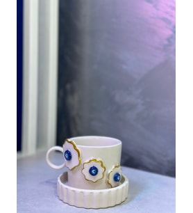 Altın Yaldızlı Üç Çiçek Nazar Fincan Mug (Krem)