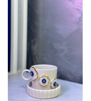 Altın Yaldızlı Üç Çiçek Nazar Fincan Mug (Krem)